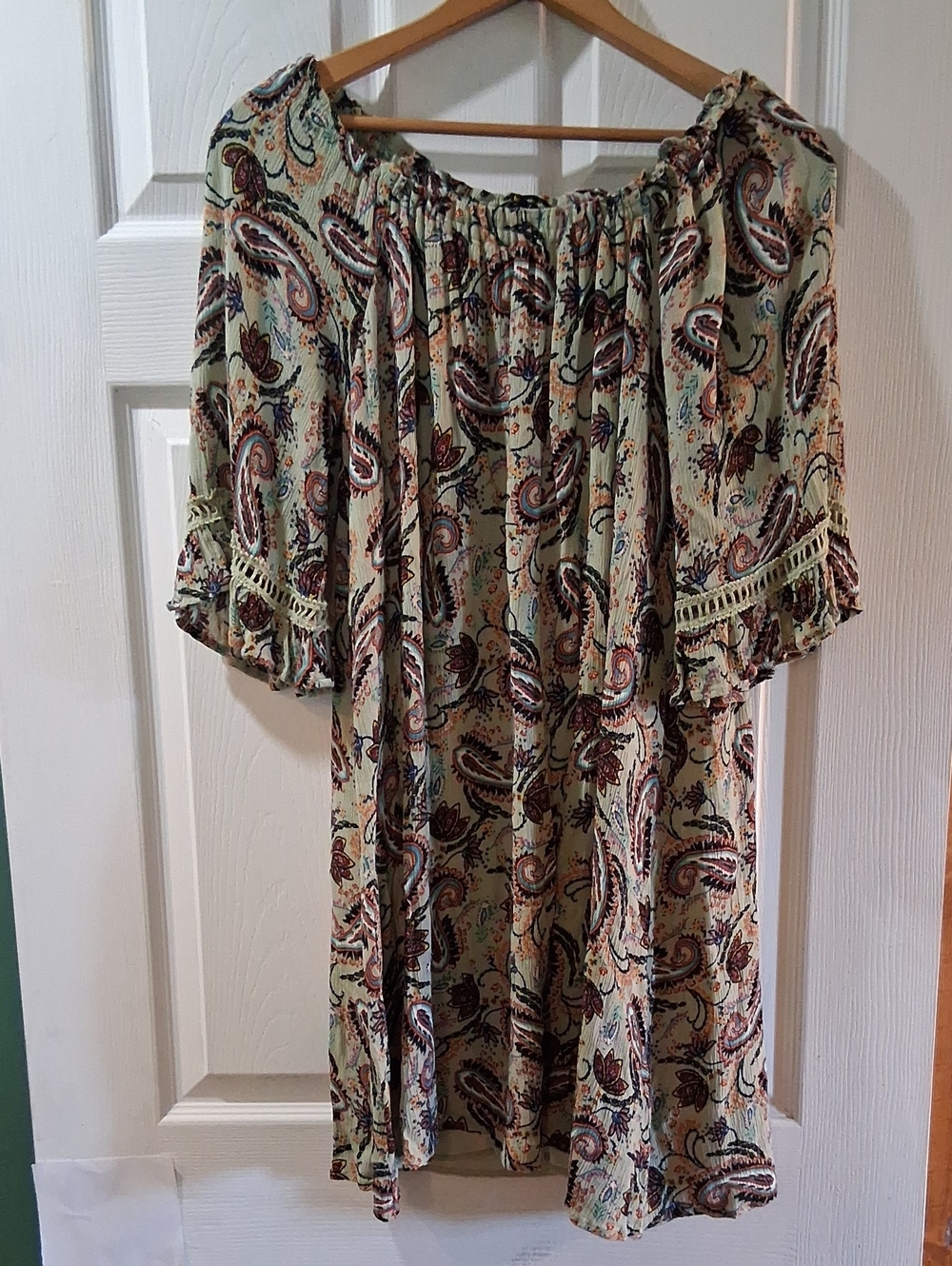 NAIF Paisley Off-Shoulder Tunic in Sage Green and Brown Crochet Sleeves